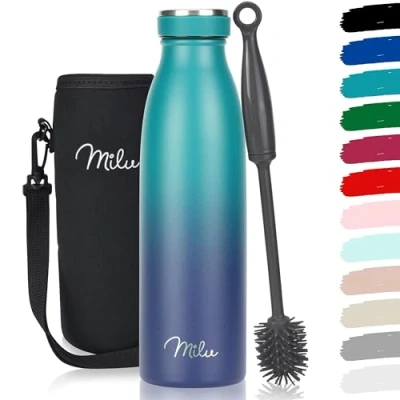 Abbildung von Milu Edelstahl Trinkflasche 350ml, 500ml, 750ml, 1L, 1,5L Thermosflasche für Kinder Erwachsene auslaufsicher Isolierflasche Kohlensäure geeignet inkl. Reinigungsbürste (Grün Blau, 500ml)