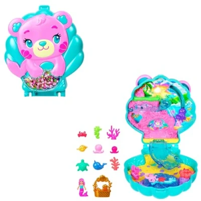 Abbildung von Polly Pocket Puppen und Spielset, Glitzerinsel Schatulle, Reisespielzeug mit 1 Mini Meerjungfrauenpuppe, Meerestieren passendem Zubehör, JCB16