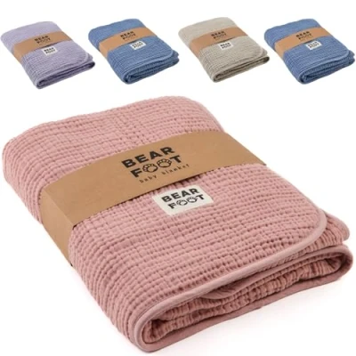 Abbildung von BEARFOOT Babydecke Musselin Fleecedecke (Baumwolle, Fleece) flauschig weiche Kuscheldecke, Baby/Neugeborene/Kinder Geschenk Junge &amp; Mädchen zur Geburt (Dusty Rose)