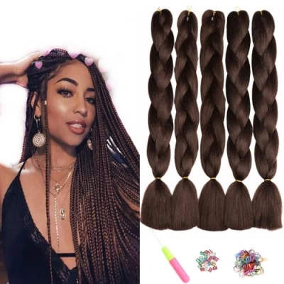 Abbildung von ShowJarlly Braids Extensions, Jumbo Braid Kunsthaar Haar,Braun Extension, 24 Zoll Kanekalon Haar Flechten Extensions 5 Stücke Für Crochet Twist Box Zum Einflechten Zöpfe