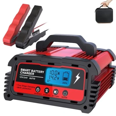 Abbildung von LEICESTERCN 12V/24V Autobatterie Ladegerät KFZ Batterieladegerät 5/10/25A Vollautomatisches 6 Stufiges Motorradbatterie Erhaltungsladegerät mit LCD Mehrfachschutz für Auto Motorrad PKW