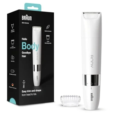 Abbildung von Braun Body Mini Trimmer, elektrischer Körperrasierer mit Trimmeraufsatz für Damen und Herren, präzise Haarentfernung Bikinizone, Achseln, Brust, unterwegs, Wet&amp;Dry, BS1000, weiß