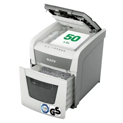 Abbildung von Leitz IQ Autofeed Small Office Aktenvernichter, 50 Blatt Papierstapel schreddern, Zeit sparen mit automatischem Einzug, Partikelschnitt P4, 20L Abfallbehälter, Leiser Betrieb für Büro, 80350000