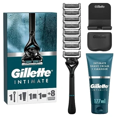 Abbildung von Gillette Intimate Rasierset für Männer, Rasierapparat Herren + 8 Rasierklingen 2in1 Rasier und Duschcreme den Intimbereich (177 ml) Inklusive Duschhalterung &amp; Reiseetui, Geschenk Männer