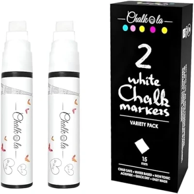 Abbildung von Chalkola Kreidestifte für Tafel Abwaschbar Weiß 2 Kreidemarker Weiss 15mm dicke Spitze Kreidestift Fenster, Tafel, als Glasstift Chalk Markers die Erwachsene und Kinder.