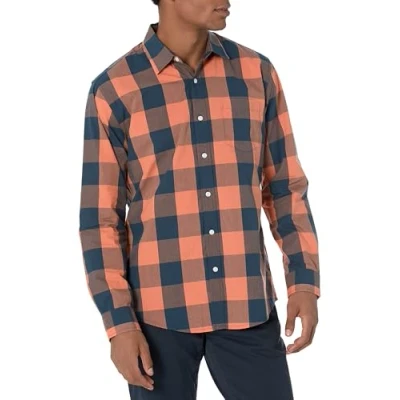 Abbildung von Amazon Essentials Herren Lässiges langärmeliges Popeline Hemd Normale Passform, Marineblau Orange Büffel, XL