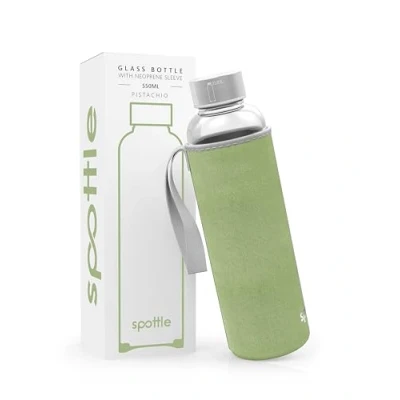Abbildung von spottle Trinkflasche aus Glas 1l Glasflasche 500ml 750ml 1 liter mit Neoprenhülle Schutzhülle Glastrinkflasche Schraubverschluss (Pistachio, 550 ml)