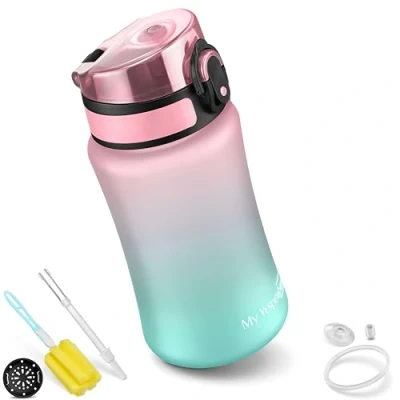 Abbildung von My Vesperbox Minny Kinder Trinkflasche auslaufsicher 350ml, 500ml, 750ml mit Strohhalm oder Sieb leichte Tritan Wasserflasche BPA frei für Kindergarten, Schule (Rosa/Türkis 350ml)
