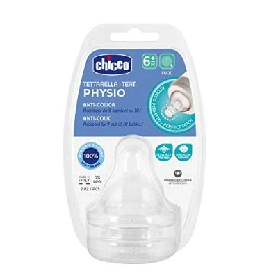 Abbildung von Chicco PHYSIOLOGISCHER ANTIKOLIK SAUGER, DICKFLÜSSIGE NAHRUNG, 6M+, SILIKON, 2 ST.