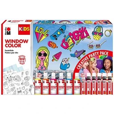Abbildung von Marabu 0306000000101 KiDS Window Color Party Set mit 6x 80 ml und 25 Farbe, 10 Malfolien 4 Malvorlagen, Fenstermalfarbe auf Wasserbasis, für glatte Oberflächen, Partyspaß Kinder