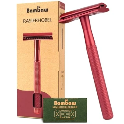 Abbildung von Bambaw Metall Rasierer mit 5 Rasierklingen für Rasierhobel Damen und Herren Nassrasierer Plastikfrei Nachhaltig Safety Razor Rot