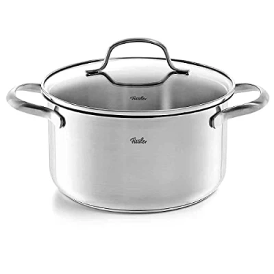 Abbildung von Fissler San Francisco / Edelstahl Topf (5,3 L Ø 24 cm) Kochtopf mit Glas Deckel, Schüttrand, Mess Skala Induktion, Silber