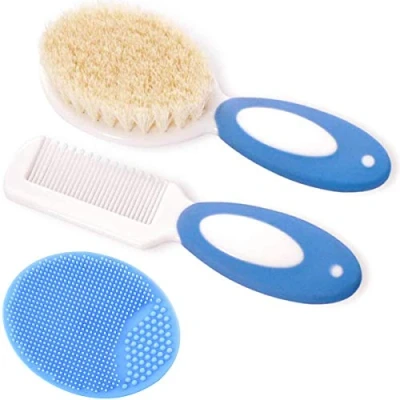 Abbildung von Baby haarbürste und Kamm Set für Neugeborene &amp; Kleinkinder Natürliche Weiche Ziegenborsten Ideal Cradle Cap Geschenk zur registrierung (Blau)
