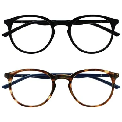 Abbildung von OPULIZE Met Brille Blaulichtfilter 2er Pack Schlank Runder Rahmen Federscharniere Verbessert Schlaf Computerbrille Gaming Entspiegelt Schwarz Braun Herren Damen BB60 12 +0.00
