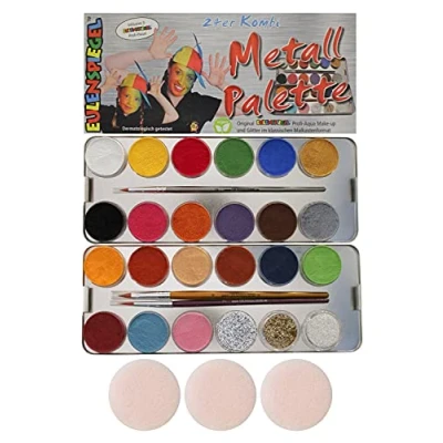 Abbildung von Eulenspiegel 224205 Profi Aqua Schminke, 21 Farben, 3 Glitzer, Pinsel, Metall Palette