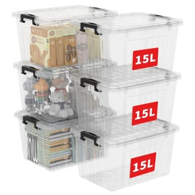 Abbildung von Cetomo Aufbewahrungsbox, 15 l x 6 Stück, mit Klickverschluss und Deckel, stapelbar, transparenter Organizer, 6er set