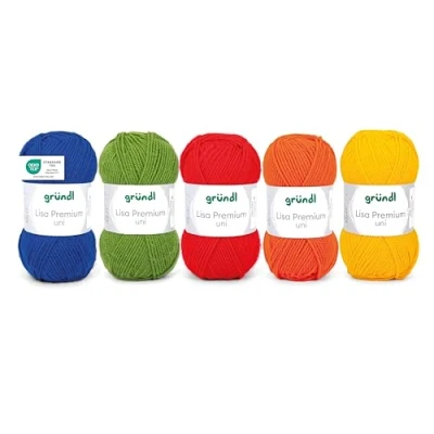 Abbildung von Gründl Wolle Lisa Premium uni 5 x 50 g Mix Strickgarn Häkelgarn 100% Polyacryl Superweich und Pflegeleicht Blau Grün Rot Orange Gelb