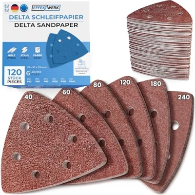Abbildung von EffektWerk Delta Schleifpapiere (120er Pack, 6 Löcher), 93 x mm dreieckige Schleifpads für Mausschleifer, mehrere Körnungen (40, 60, 80, 120, 180, 240)