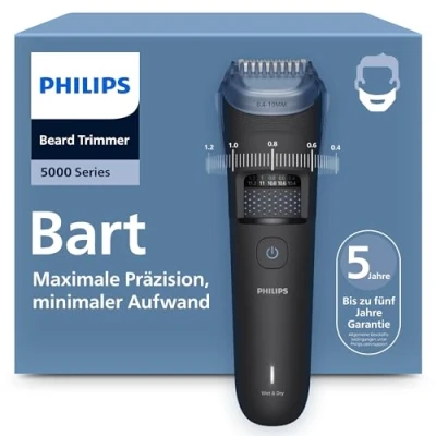 Abbildung von Philips Bartschneider 5000er Serie selbstschärfende Metallklingen, 40 Längeneinstellungen, BeardSense Technologie, Haarkollektor, 100% wasserdicht, Reiseetui, Modell BT5765/15