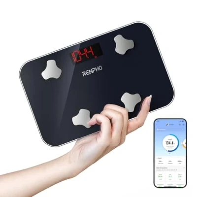 Abbildung von RENPHO Personenwaage Digital, Mini Waage mit Körperfett und Muskelmasse, Tragbare Körperfettwaage Synchronisierbar Apps, Höchstmaß 180kg, 28 X 18CM
