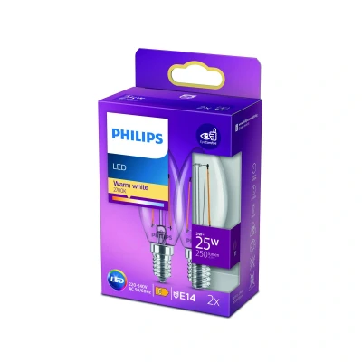 Abbildung von Philips LED Classic E14 Lampe, 25 W, Kerzenform, klar, warmweiß, Doppelpack