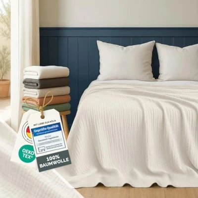 Abbildung von Blumtal Tagesdecke Baumwolle 200x230 cm Musselin Decke Oeko TEX zert. Bettüberwurf Couch Überwurf leichte Kuscheldecke 100% Sofa Überwurfdecke Bett Ivory