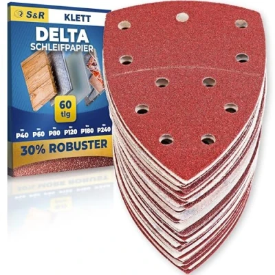 Abbildung von S&amp;R Klett Schleifpapier Set 105x152 mm (93x93x93 mm) 60 teilig für Delta &amp; Dreieckschleifer: Ideal Holz, Metall, Kunststoff mehr Körnung P40 bis P240, 11 Loch, langlebig und effizient