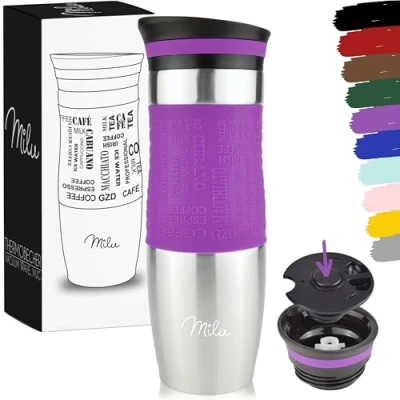 Abbildung von Milu Thermobecher 370ml 450ml Isolierbecher Kaffeebecher to go 100% Auslaufsicher Trinkbecher aus Edelstahl Autobecher doppelwand Isolierung Thermo Becher Travel Mug (Violett, 450ml)