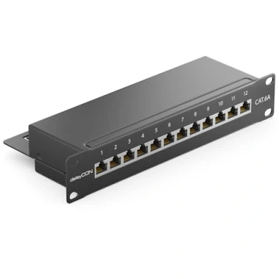 Abbildung von deleyCON CAT 6a Patchpanel Verteilerfeld 12 Port Desktop 10&quot; Zoll Rackeinbau Servermontage RJ45 Geschirmt TIA568A TIA568B Schwarz