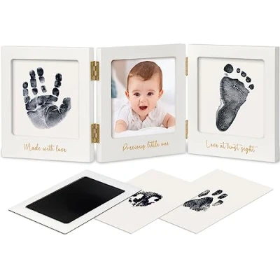 Abbildung von Baby Handabdruck und Fußabdruck Set Clean Touch Stempelkissen Hand Fuß für Neugeborene, Bilderrahmen Abdruckset, Fussabdruck Newborn Shower (White/Gold)