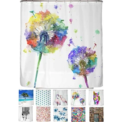 Abbildung von arteneur® Bunte Pusteblume Anti Schimmel Duschvorhang 180x180 Recycelt mit Öko Tex Standard 100 Beschwerter Saum, Blickdicht, Wasserdicht, Waschbar, 12 Ringe &amp; E Book