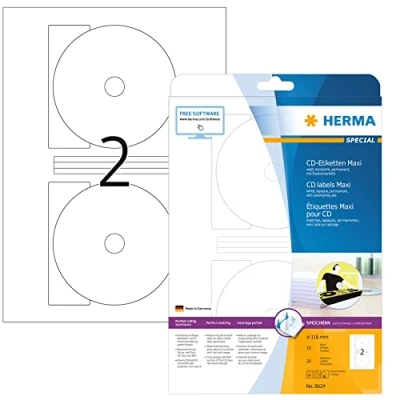 Abbildung von HERMA 8624 CD DVD Etiketten inkl. Zentrierhilfe blickdicht, 10 Blatt, Ø 116 mm MAXI, 2 pro A4 Bogen, 20 Stück, selbstklebend, bedruckbar, matt, blanko Papier Klebeetiketten Aufkleber, weiß