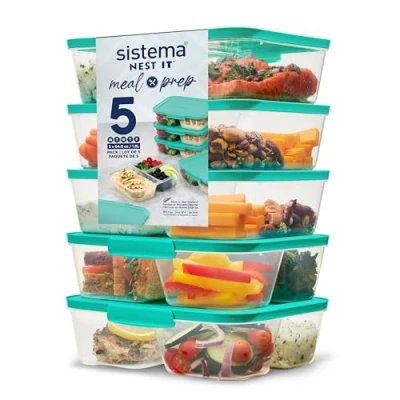 Abbildung von Sistema NEST IT Frischhaltedosen für Meal Prep 1,9 L luftdichte Vorratsdosen mit Fächern und Deckeln Brotdosen Pause BPA frei grün 5 Stück
