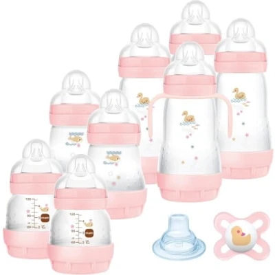 Abbildung von MAM Easy Start Anti Colic Set Babyflaschen für Neugeborene 94% Akzeptanz 80 % weniger Koliken 8 Flaschen (130, 160, 260ml), 1 Schnuller, Griff, Trinkschnabel 0+ Mon rosa
