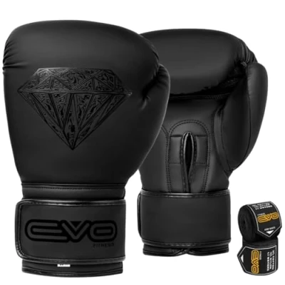 Abbildung von EVO Maya Hide Leder Boxhandschuhe für MMA Boxsack, Sparring, Muay Thai, Kickboxen, Kampftraining, inkl. Handbandagen, Schwarz/Diamant, matt, 284 g (Schwarz, 14 OZ)