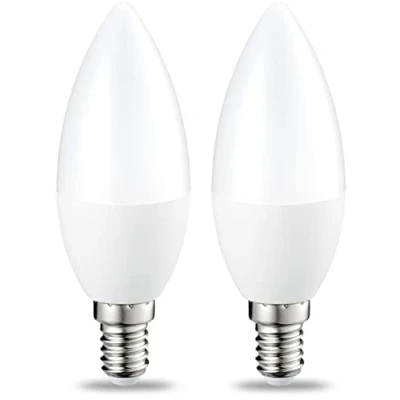 Abbildung von Amazon Basics E14 LED Weiß Lampe, Kerzenform, 2 Stück, 5W ersetzt 40W, dimmbar, klar