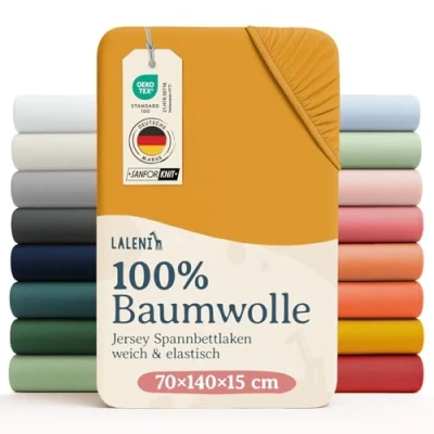 Abbildung von Laleni Jersey Spannbettlaken 70x140 cm Babybett Oeko TEX zertifiziertes Bettlaken Kinderbett Kinderbettwäsche aus 100% Baumwolle Baby in Gelb