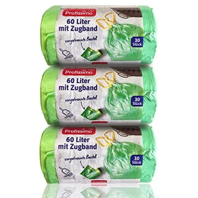 Abbildung von Profissimo Gut &amp; Günstig Zugband Müllbeutel, 60 Liter (90 Stück), Reißfest Flüssigkeitsdicht, 3er Pack (3 x 30 Stück)