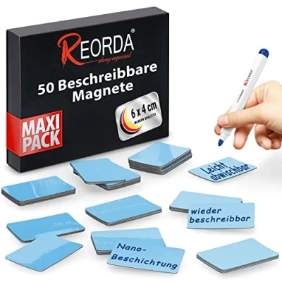 Abbildung von Reorda® Magnetstreifen beschreibbar 50 Stück wiederbeschreibbar 6 x 4 cm (Blau) Beschreibbare Magnete für Whiteboard, Kanban, Magnettafel oder als beschriftbare den Kühlschrank
