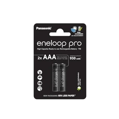 Abbildung von eneloop pro, AAA/Micro Ni MH Akku, 2er Pack, Kapazität mit min. 930 mAh, Ready to Use Akkus, bis zu 500 Mal wiederaufladbar, plastikfreier Verpackung, schwarz