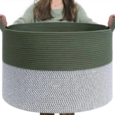 Abbildung von TIMEYARD Korb Aufbewahrung, Aufbewahrungskorb Kinderzimmer, Wäschekorb Kinder Groß Weihnachtsbaum Korb, für Decken, Baby Spielzeug, Geflochten, 55x35cm, Olivgrün