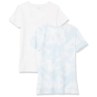Abbildung von Amazon Essentials Damen T Shirt Regular Fit mit kurzen Ärmeln und V Ausschnitt, 2er Pack, Blau Batik/Weiß, L