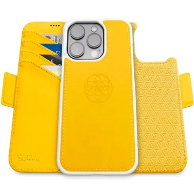 Abbildung von Dreem Fibonacci kompatibel mit iPhone 16 Pro Max Brieftaschen Etui / 2 in 1 stoßfestes und abnehmbares Folio aus veganem Leder, MagSafe, RFID Schutz [Gelb]