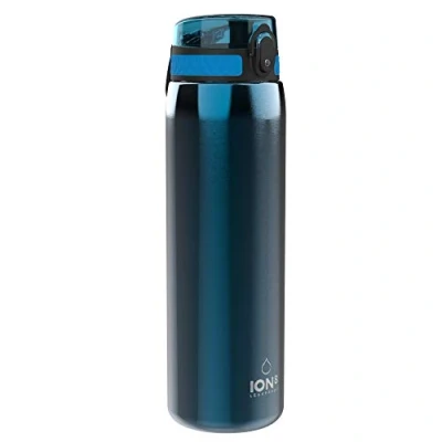 Abbildung von Ion8 1 Liter Edelstahl Trinkflasche, Auslaufsicher, Einhandöffnung, Sichere Verriegelung, Spülmaschinenfest, Klappdeckel, Tragegriff, Leicht zu Reinigen, Langlebig, Metallisches Blau