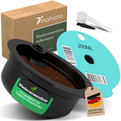 Abbildung von Kapseln wiederverwendbar, Wiederbefüllbare Kaffeekapsel zum Nachfüllen Für umweltbewusste Kaffee Liebhaber kompatibel mit Tassimo Maschinen + Kapselhalter mahona