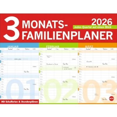 Abbildung von 3 Monats Familienplaner 2026: Familienkalender mit Übersicht. Praktischer Familien Wandkalender viel Platz zum Eintragen. 44 x 34 cm (Familienplaner Heye)