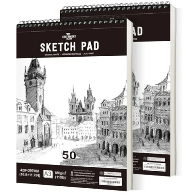 Abbildung von STATIONERY ISLAND Skizzenbuch, A3 Zeichenblock 180 g/m² Dickes Papier, 100 Seiten / 50 Bögen*2 Spiralgebundenes DIN Sketchbook 2 Packungen