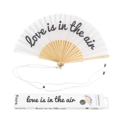 Abbildung von FISURA Origineller Handfächer mit der Botschaft Love is in the air. Fächer für Hochzeiten. Schwarz weißer Holzfächer. Fächerhalter. Maße: 42,5 x 23 cm.
