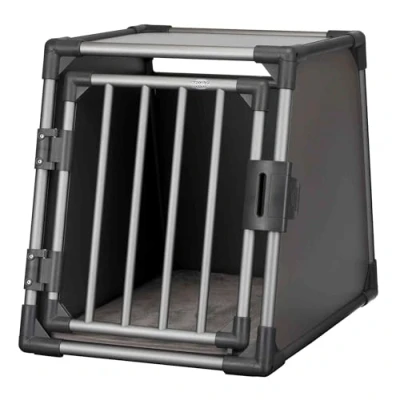 Abbildung von TRIXIE Hunde Transportbox Aluminium in graphit S: 48 x 56 61 cm, stabile und geräuscharme Hundebox mit abgeschrägten Seiten, Sicherheitsverschluss &amp; rutschfester Liegematte 39336