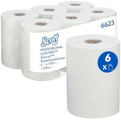 Abbildung von Scott Control Slimroll Rollenhandtücher 6623 Einweg Handtücher 6 Papiertuchrollen x 165 m Papierhandtücher, weiß (insges. 990 m)